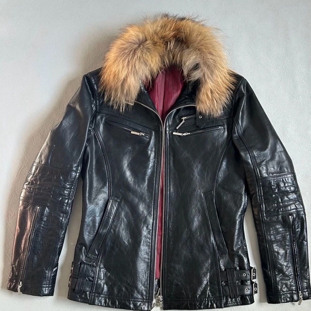 A.S.M Real Unisex Buffalo Leather Jacket Slim Black Jacket Detachable Fur Collar